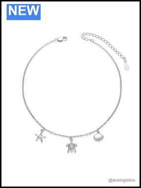 Sterling Silver Turtle Starfish Shell Ankle Bracelet Adjustable S925